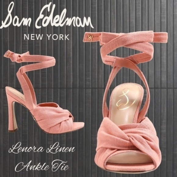 SAM EDELMAN Lenora Linen & Leather Ankle-Tie Dress Heels/Sandals-Pink NWT/7M - Picture 1 of 14